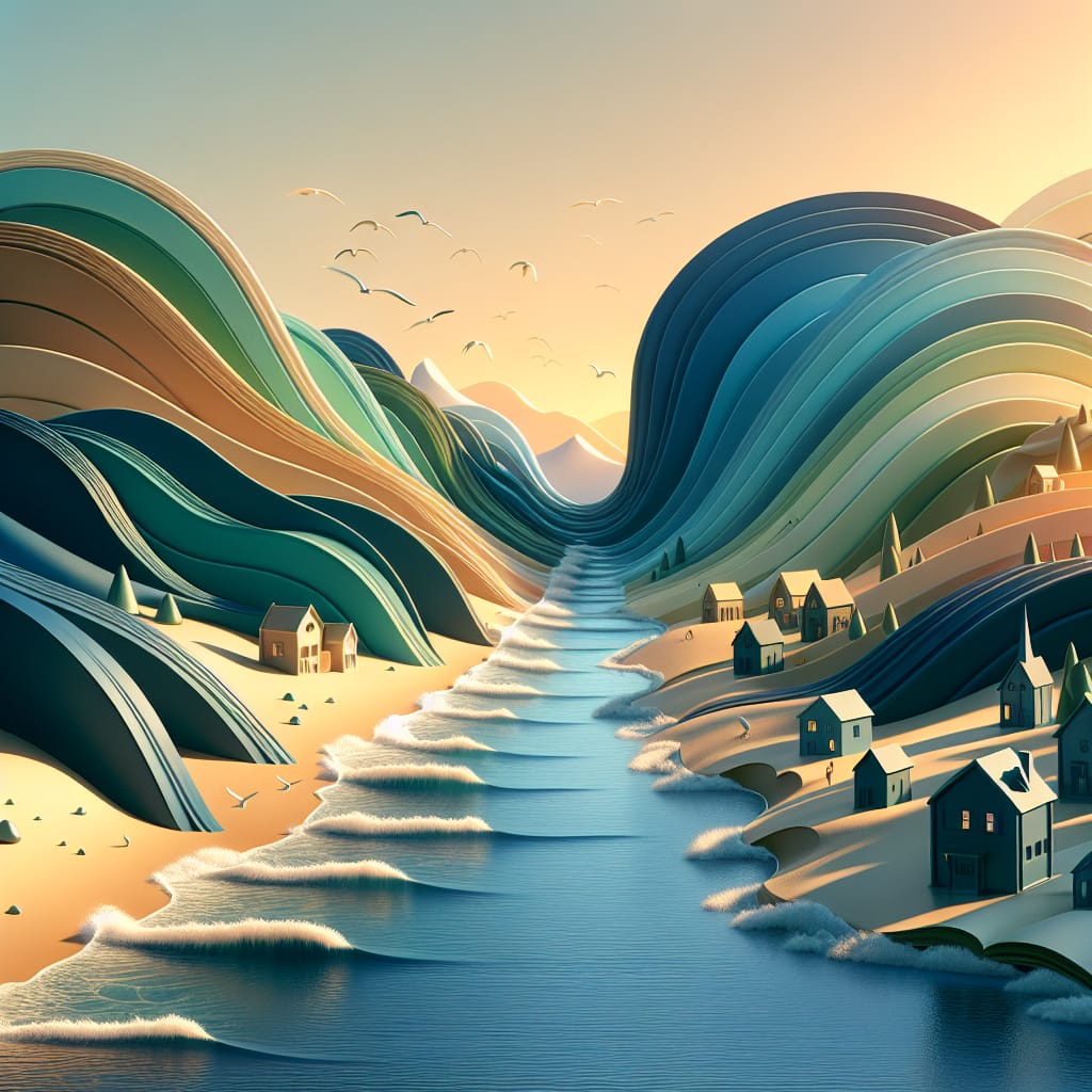 A stylized, 3D paper-cut art landscape featuring a winding river flowing through a valley between layered, colorful hills, with small houses on the riverbanks and birds flying in a warm, sunset-lit sky.