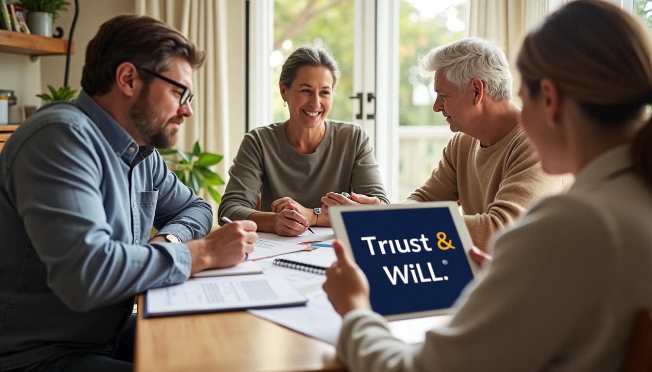 Family and advisor discussing estate planning at sunlit table