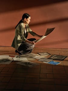 Planning Your Future: Curating a Dignified Retirement A woman in a professional blazer and trousers crouches on a tiled floor, carefully reviewing and organizing various sketches and drawings spread out before her.